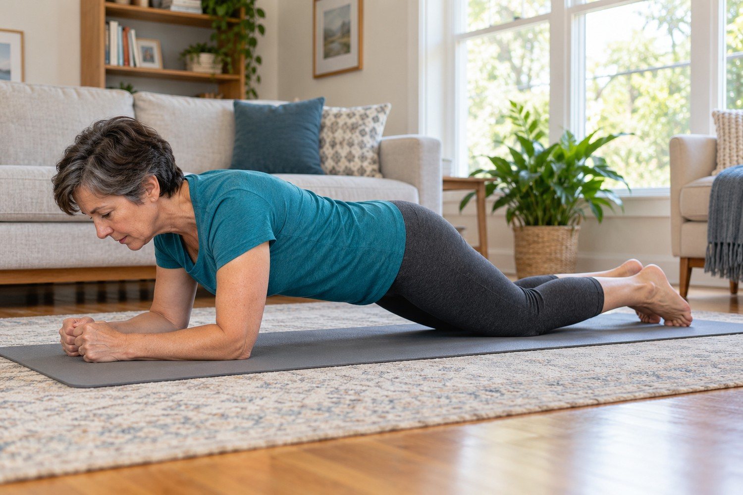 Donna in posizione di plank facilitato con avambracci e ginocchia appoggiati sul tappetino