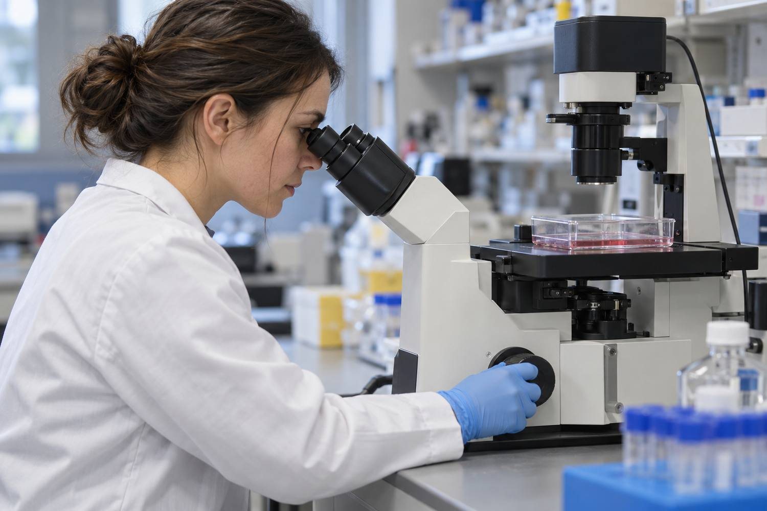 Una ricercatrice osserva una coltura con un microscopio invertito e ne regola la messa a fuoco