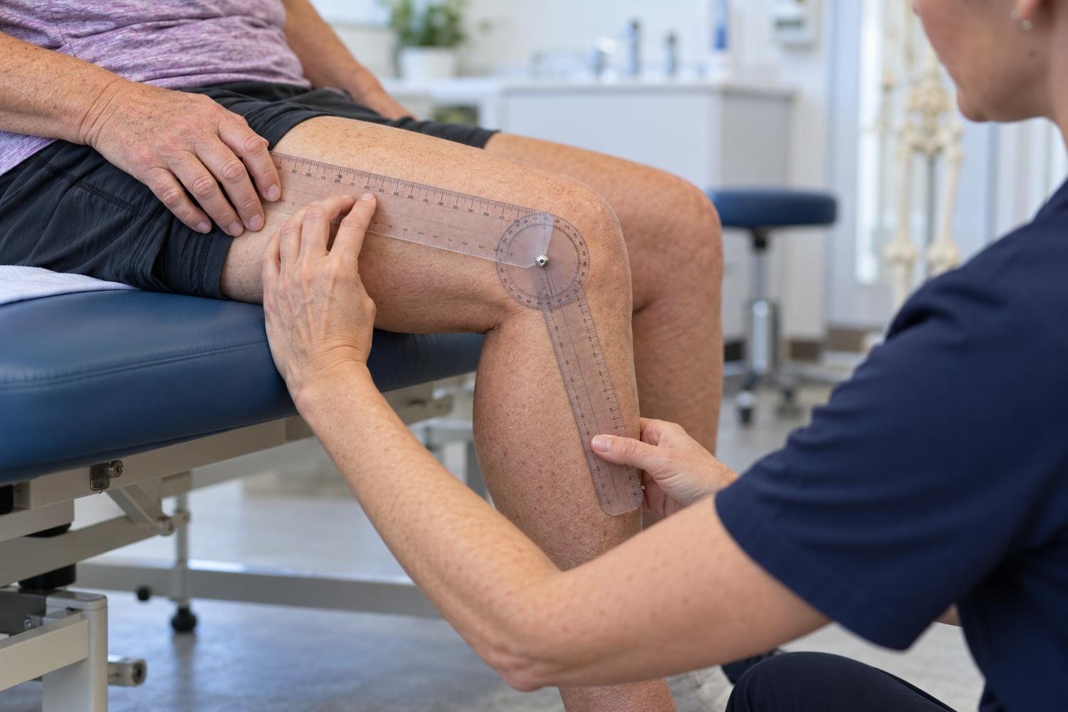 Una professionista misura la flessione del ginocchio di una donna anziana con un goniometro articolare