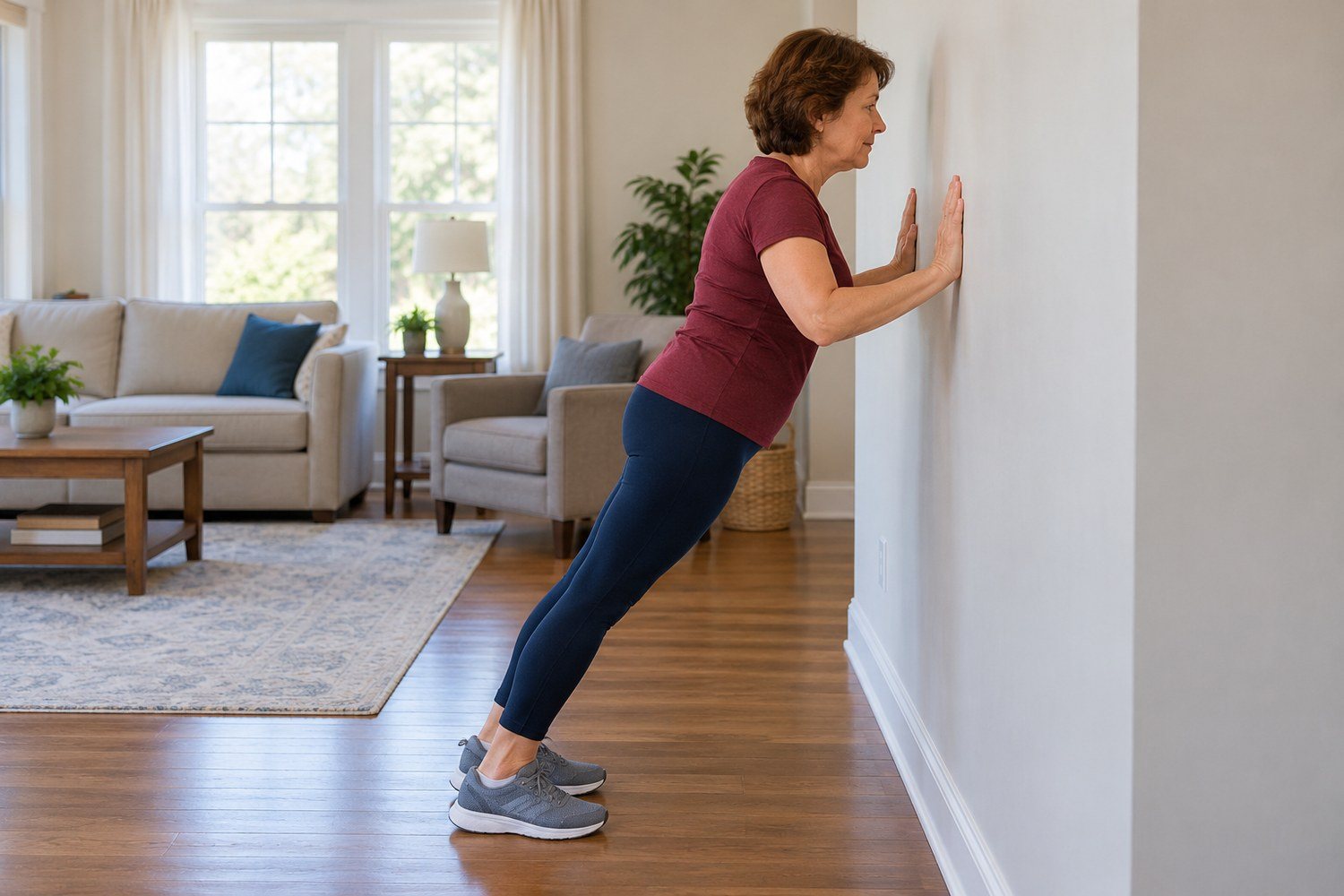 Una donna matura con maglietta bordeaux e leggings blu esegue una flessione al muro, con le mani appoggiate alla parete, i gomiti piegati e il corpo inclinato in linea retta