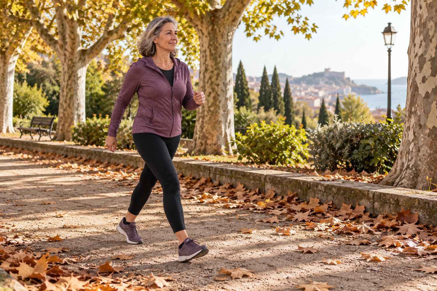 Una donna cammina a passo sostenuto lungo un sentiero di un parco nella luce del mattino