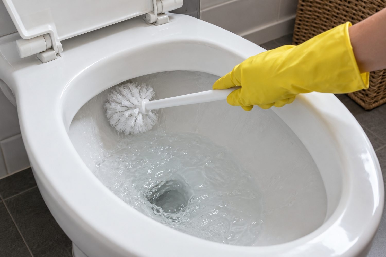 Mano con guanto che strofina l'interno del WC con uno scopino