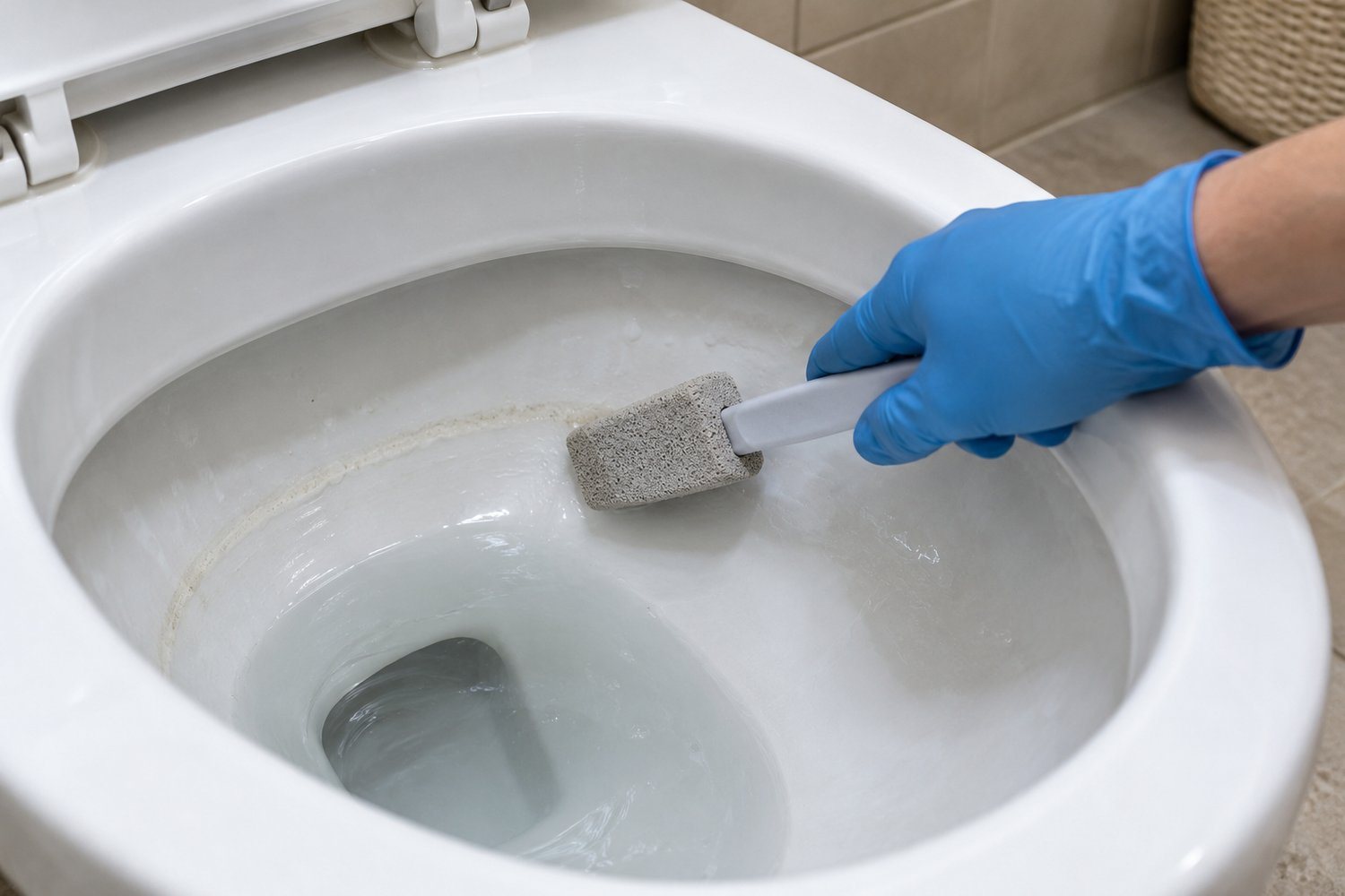Pietra pomice bagnata passata su una macchia di calcare all'interno della tazza del WC