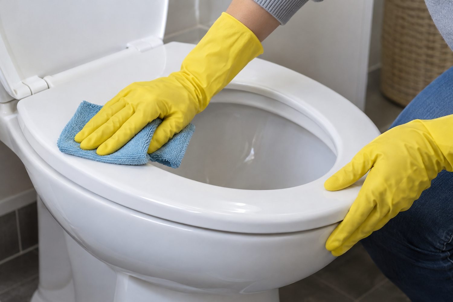Panno in microfibra inumidito che pulisce la parte esterna del sedile del WC