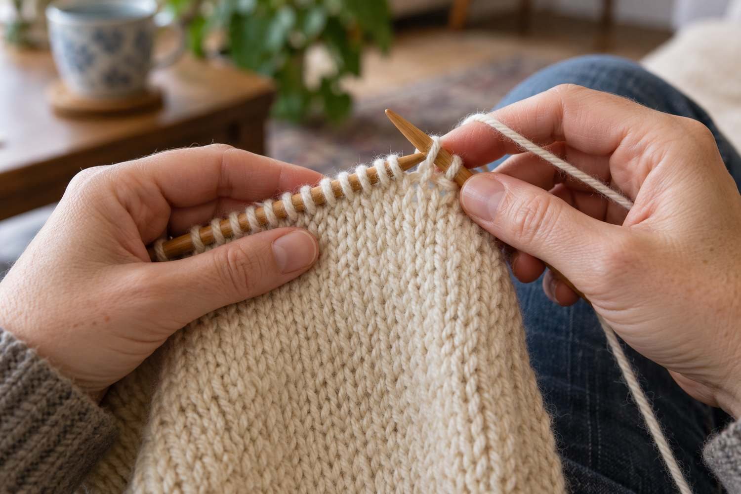 Due mani che lavorano a maglia rasata un pannello di lana con due ferri