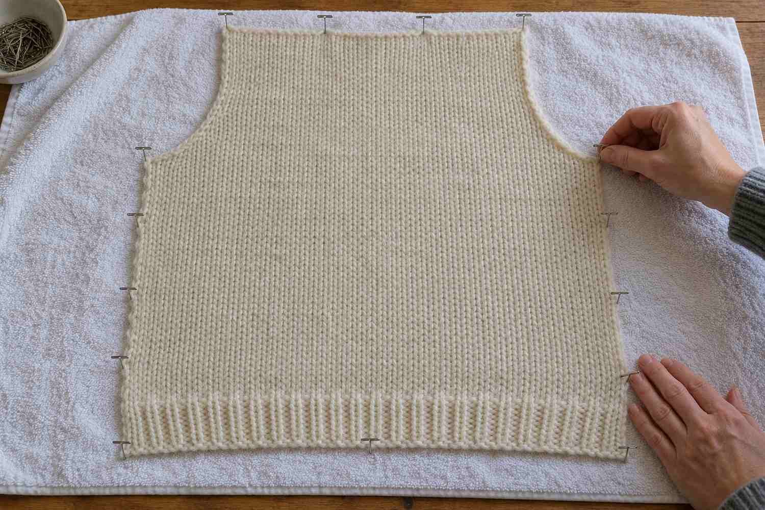 Pannello di maglia disteso su un asciugamano e fissato ai bordi con spilli