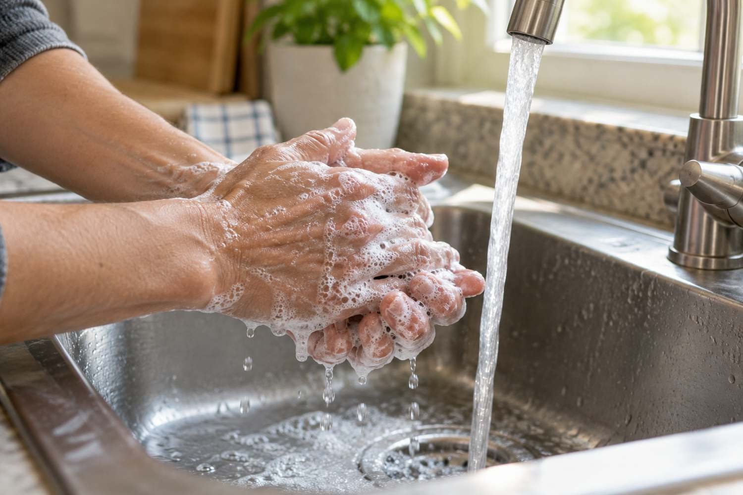 Mani insaponate sotto l'acqua corrente di un lavandino