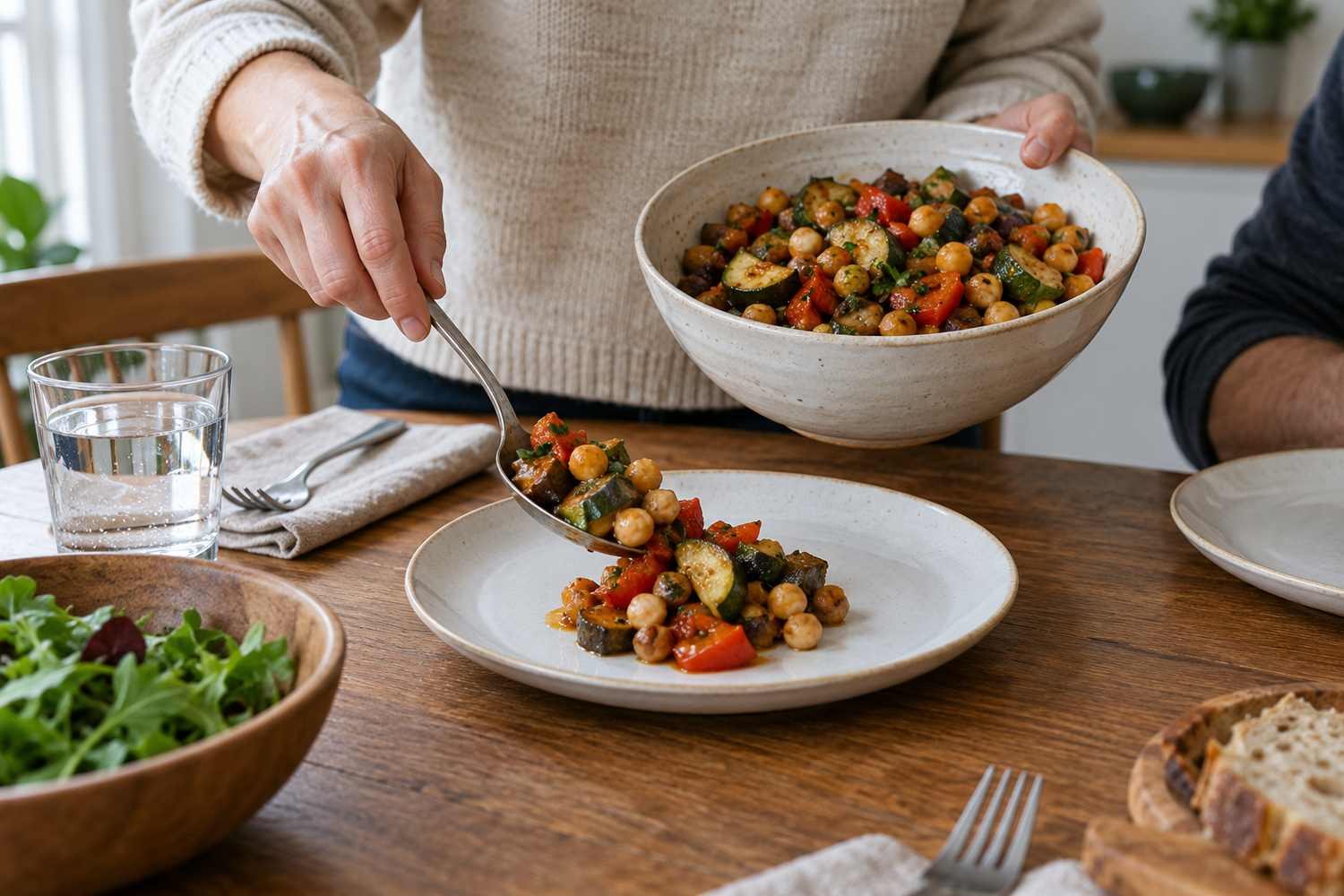 Persona che si serve nel piatto una porzione di verdure e legumi