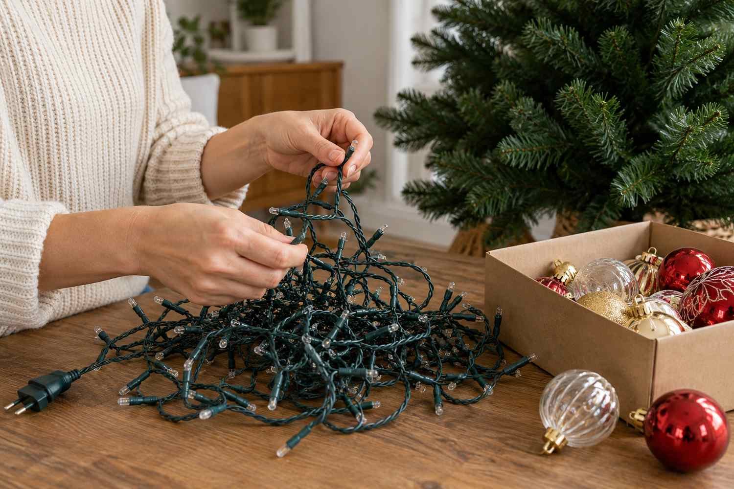 Mani che districano fili di luci e addobbi natalizi prima di montarli sull'albero